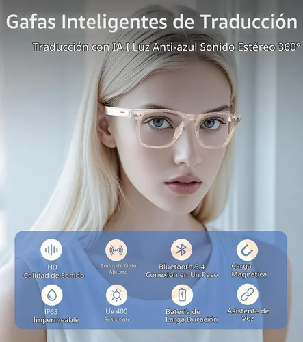 Vista 2 de Lentes inteligentes AI, lentes Bluetooth de traducción en tiempo real para hombres y mujeres 116 Languages & Accents Translator Device, Blue Light