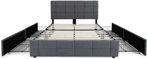 Vista 8 de Fencer Wire Base de cama de almacenamiento tapizada con 4 cajones y cabecera ajustable, botón cuadrado cosido acolchonado, marco de cama