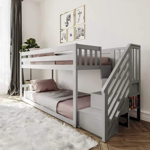 Vista 15 de Max & Lily - Litera baja, base de cama individual sobre individual para niños con escalera al final, color gris