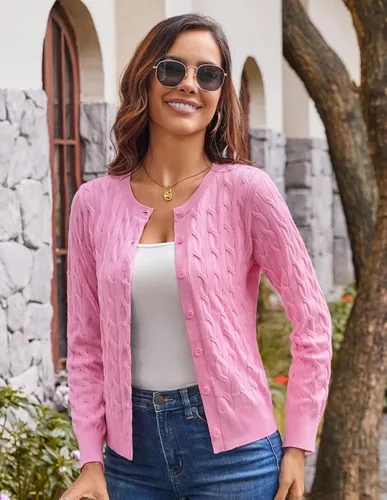 Vista 3 de GRACE KARIN Suéteres tipo cárdigan de punto trenzado para mujer, trajes Rosa
