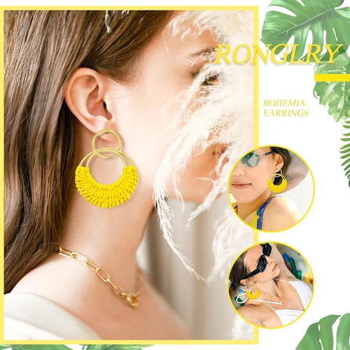 Vista 2 de Ronglry Aretes bohemios de ratán de rafia para mujeres y niñas, ligeros, hechos a mano, de mimbre trenzado, grandes, divertidos, modernos, regalos