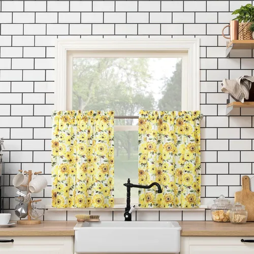 Vista 9 de No. 918 Sunbeam, cortina de cocina con diseño de girasoles y cenefas, semitransparentes, con bolsillo para barra, set con volantes y niveles, 54 x