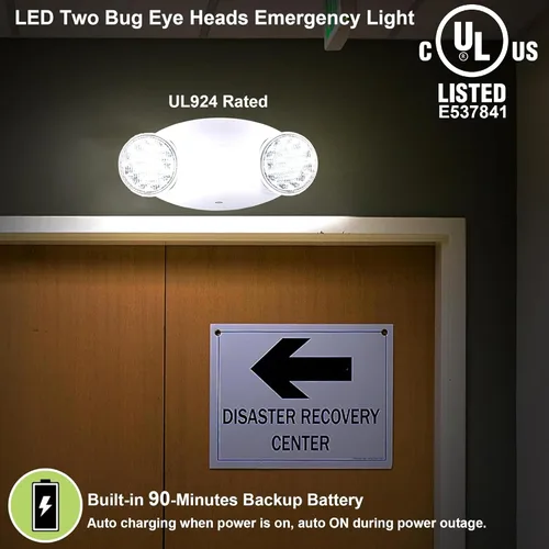 Vista 7 de Accesorios de iluminación LED de emergencia con 2 cabezales LED de ojo de insectos y baterías de respaldo, luz de salida estándar de EE. UU.