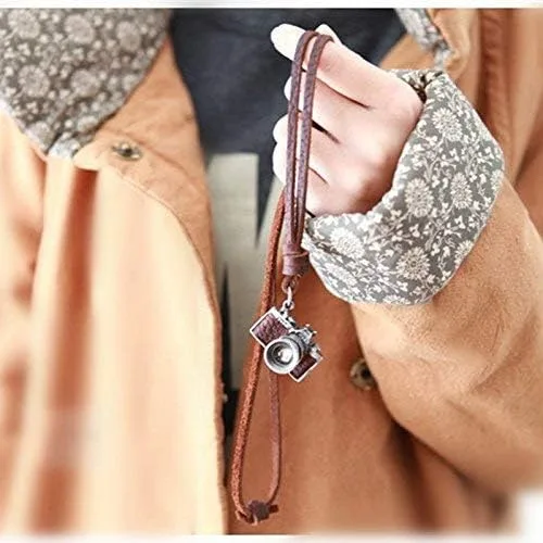 Vista 3 de COOSTUFF ANNA Vintage Hombres Mujeres Joyería Rock Punk Cámara Colgante Cuero Genuino Collar Largo Collar Mujer Regalo Collar Collar Negro, Piel