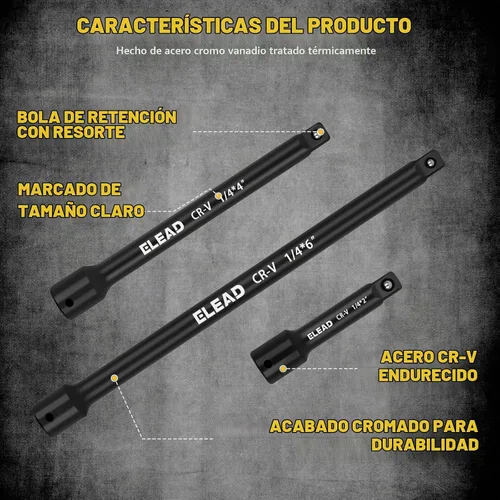 Vista 3 de Juego de 4 barras de extensión para dados de 1/4 de pulgada, 2, 4, 6 pulgadas, juego de extensión profesional, junta universal para dados de 1/4