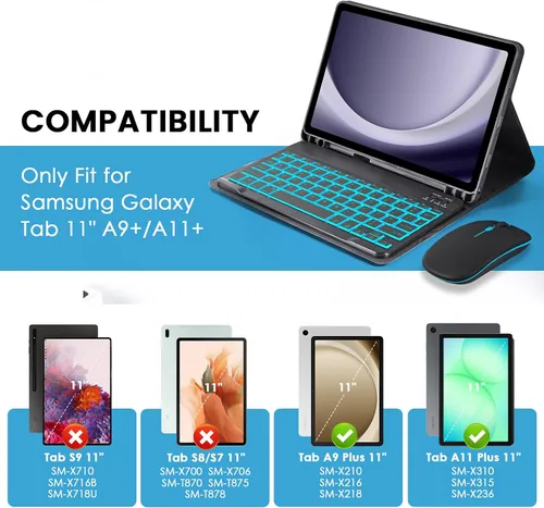 Vista 2 de Funda con teclado retroiluminado de 7 colores con mouse para Samsung Galaxy Tab de 11 pulgadas A11 Plus y A9 Plus, funda de teclado intercambiable