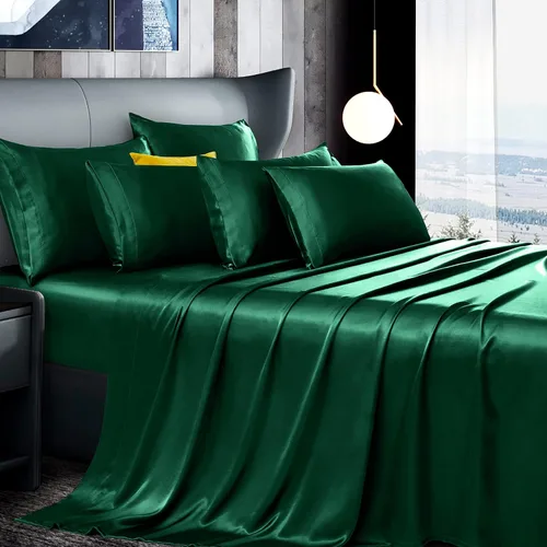 Vista 13 de Manyshofu Juego de sábanas de satén negro de 7 piezas, ropa de cama lujosa y suave de satén, 1 sábana bajera, 1 sábana encimera, 4 fundas