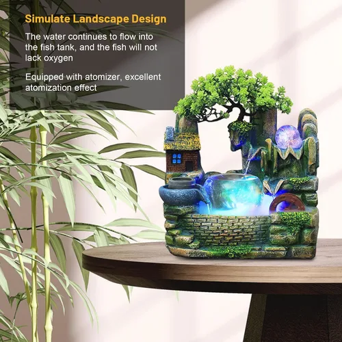 Vista 3 de Cascada Zen de escritorio de 14" con efecto atomizador LED y luces, mini fuente de roca para pecera