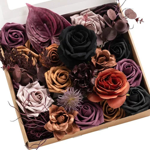 Vista 15 de Ling's moment Caja de Flores Falsas, Tallos de Vegetación Artificial Falsa Rosas de Espuma Dalia Hortensia de Seda Peonía Flor de Tela para Centros