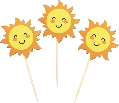 Vista 3 de 36 piezas de decoración para cupcakes de sol de doble cara con diseño de flores y sonrisas, decoración de cupcakes SunShine para temática de sol