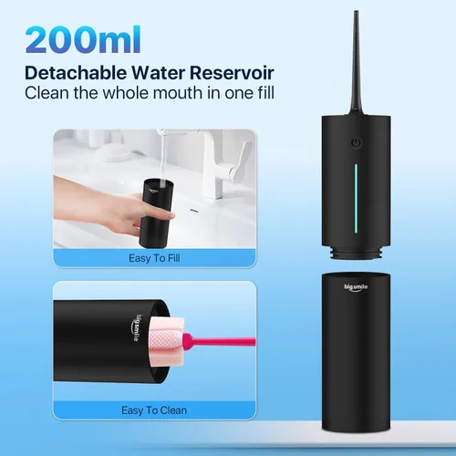 Vista 5 de Bigsmile Irrigador dental portátil inalámbrico para ducha de viaje, hilo dental fuerte IPX7 200ML imprescindible para niños y puentes