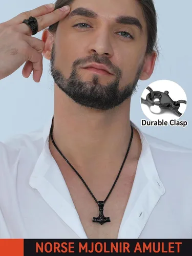 Vista 2 de FaithHeart - Collar con talismán de martillo de Thor vikingo para hombre, amuleto nórdico vintage de Mjolnir, colgante con cadena de trigo