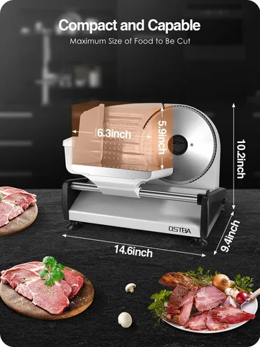 Vista 5 de Cortador de carne eléctrico de delicatessen Ostba, rebanador de alimentos de 200W con grosor ajustable de 0-15mm, hoja extraíble de acero inoxidable