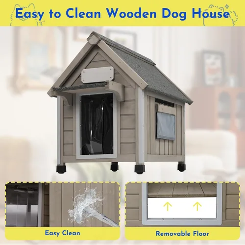 Vista 6 de Gowoodhut Casa para perros al aire libre, resistente a la intemperie, gran perrera de madera para interiores para perros pequeños con marco a prueba