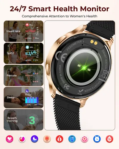 Vista 5 de Reloj inteligente para mujer, rastreador de actividad física HD de 1.27 pulgadas con 4 bandas y juego de regalo de collar, monitor de sueño SpO2