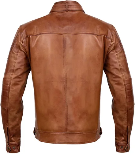 Vista 5 de Chaqueta de cuero de color sólido para hombre Cafe Racer estilo motocicleta Chaqueta de cuero marrón para motocicleta ajustada para hombre
