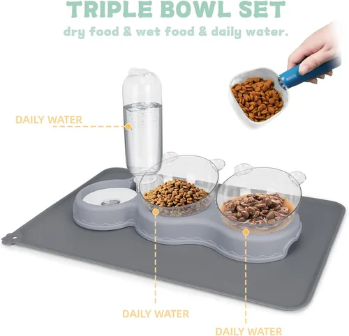 Vista 6 de Cuencos triples para comida y agua, cuencos elevados de plástico para gatos con botella de agua automática y tapete impermeable para gatos y perros