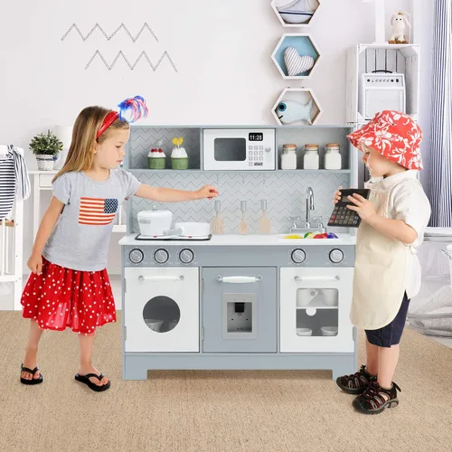 Vista 8 de Costzon Juego de Cocina para Niños, Set de Juego de Cocina de Madera de Simulación con Estufa, Refrigerador, Microondas, Fregadero Removible