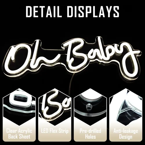 Vista 6 de Letrero de neón para decoración de pared, regulable, reutilizable, con texto en inglés "Oh Babe", letrero de neón para boda, decoración de baby