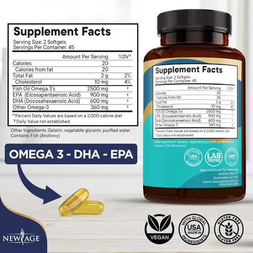 Vista 3 de NEW AGE Suplemento de aceite de pescado Omega 3 para el sistema inmunológico y de apoyo a la salud, promueve la salud de las articulaciones