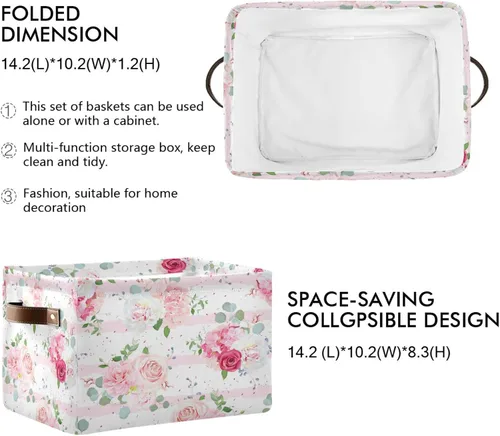 Vista 2 de Cesta de almacenamiento plegable con asas de cuero, con estampado de flores florales, organizador para estante Bethroom, armario, oficina, hogar, 1