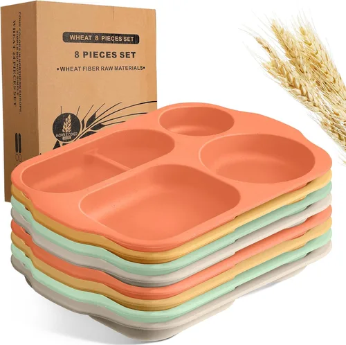 Vista 8 de Tanlade - 8 platos divididos irrompibles grandes de 12 pulgadas para adultos, bandeja de comida de paja de trigo de 5 compartimentos, bandeja