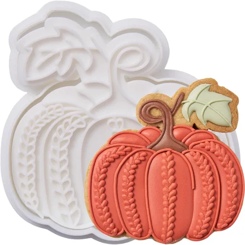 Vista 23 de Cortadores de galletas de otoño de Acción de Gracias, formas de bellotas y hojas con sellos de émbolo, accesorios de horneado de ácido poliláctico