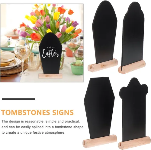 Vista 5 de Amosfun 4 letreros de pizarra de doble cara con base de madera en forma de lápida para tiendas, bodas, cocina, hogar, decoración de fiesta