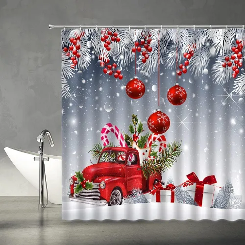 Vista 2 de Cortina de ducha de Feliz Navidad, bola de Navidad roja, camión retro, hojas de pino blanco, bayas, caja de regalo de Navidad, vacaciones, feliz año