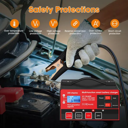 Vista 5 de Outerman - Cargador de batería de automóvil, 12 V, 24 V, de plomo-ácido, pantalla LCD, mantenimiento automático de batería inteligente