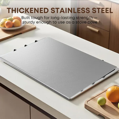 Vista 7 de KORVOS Tabla de cortar de acero inoxidable, 15.7 pulgadas de largo x 11.8 pulgadas de ancho, tablas de cortar de acero resistente para cocina, tabla