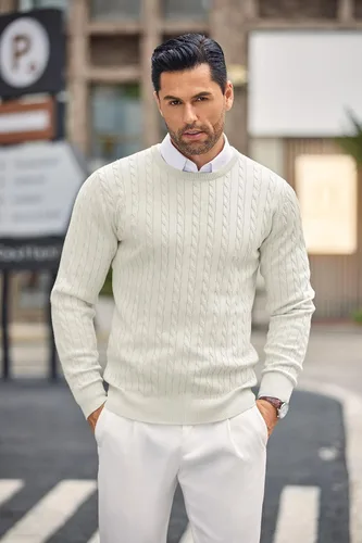 Vista 2 de COOFANDY Suéter de punto con cuello redondo para hombre, ajustado, ligero, casual, con patrón de torceduras