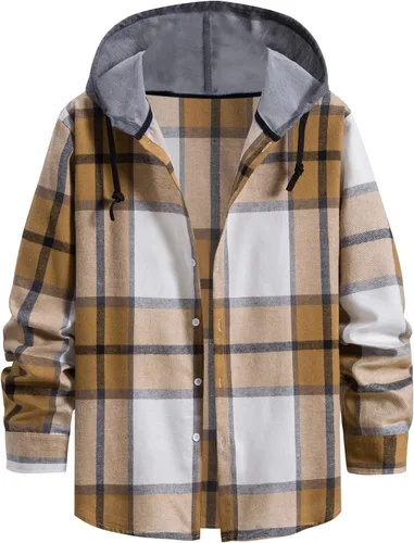 Vista 11 de Aymnlox Sudaderas con capucha para hombre, de manga larga, a cuadros, con botones, con capucha, casual, elegante, con cordón, 2024 #A01-Red