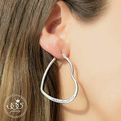Vista 2 de 555Jewelry Aretes de aro de acero inoxidable con forma de corazón para mujer, Metal, Circonia cúbica