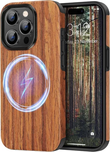 Vista 11 de TENDLIN Funda magnética para iPhone 13 Pro - Funda híbrida de TPU de cuero de grano de madera con compatibilidad MagSafe