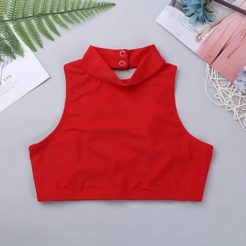 Vista 3 de Hularka Camiseta sin mangas con cuello alto falso y espalda cruzada para niños y niñas, camiseta deportiva deportiva para yoga y baile