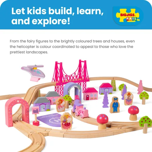 Vista 5 de Bigjigs Rail Fairy Town - Juego de tren de madera Juguete ferroviario para niños a partir de 3 años Pista de madera con modelo de aldea