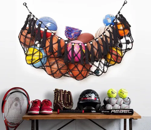 Vista 2 de Hamaca de red de almacenamiento de pelotas deportivas para garaje, cesta colgante, red organizadora para baloncesto, voleibol, fútbol, estante