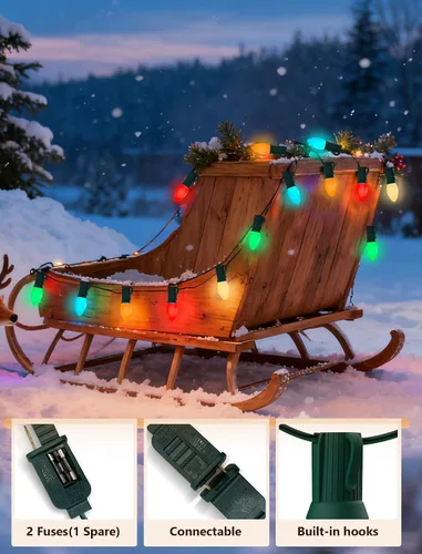 Vista 7 de Tira de luces LED de Navidad para exteriores, de 50 pies, cadena de luces C7 con 27 bombillas multicolor de cerámica de 0.6 W, luces de Navidad