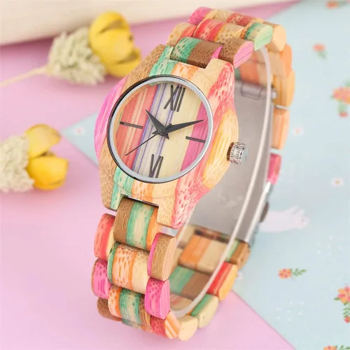 Vista 7 de Tiong Reloj de madera para mujer con correa de madera, cuarzo analógico, diseño clásico, colorido reloj de pulsera de bambú para damas, parejas..