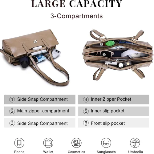 Vista 5 de Dasein Bolsos Hobo para mujer, de cuero vegano suave, con 3 compartimentos, múltiples bolsillos
