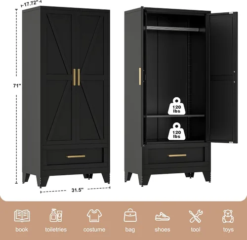 Vista 3 de LCAOPC Armario de metal de 71 pulgadas de alto con cajón y barra para colgar, armario de 2 puertas con estante para dormitorio, oficina, lavandería