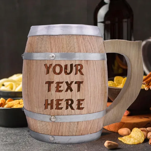 Vista 5 de My Personal Memories Taza de cerveza personalizada con barril de madera de roble de 24 onzas con asa e interior de acero inoxidable