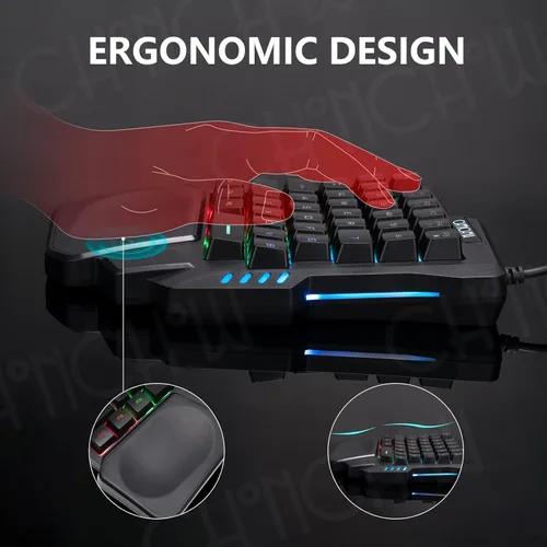 Vista 4 de CHONCHOW Teclado para juegos con una sola mano, 35 teclas, LED arcoíris, USB con cable, ergonómico con reposamuñecas, mini portátil, compatible