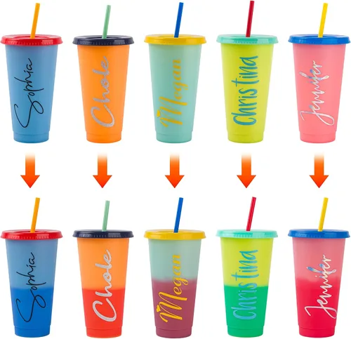 Vista 2 de Vasos que cambian de color con tapas y popotes, vasos de plástico reutilizables que cambian de color con tapa a prueba de salpicaduras, tazas que