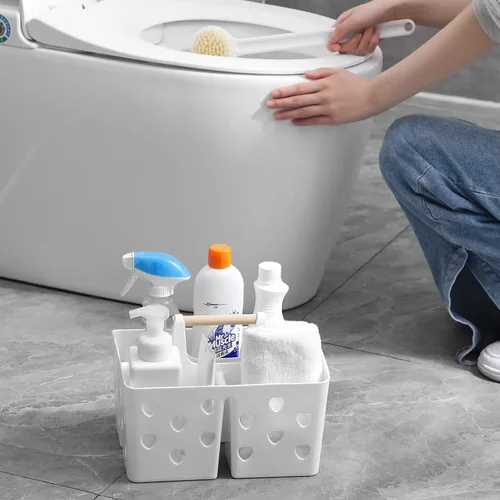 Vista 3 de Anyoifax Cesta de plástico portátil con mango de madera, organizador de almacenamiento dividido con compartimentos para baño, dormitorio