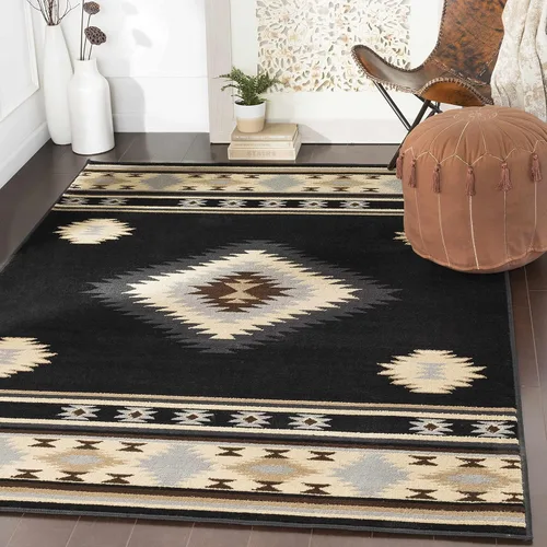 Vista 10 de Hoylake Southwestern - tapete estilo tribal, azteca, indio americano e indie, felpudo, pequeño, marrón, gris, negro, 1 pie y 10 pulgadas por 2 pies
