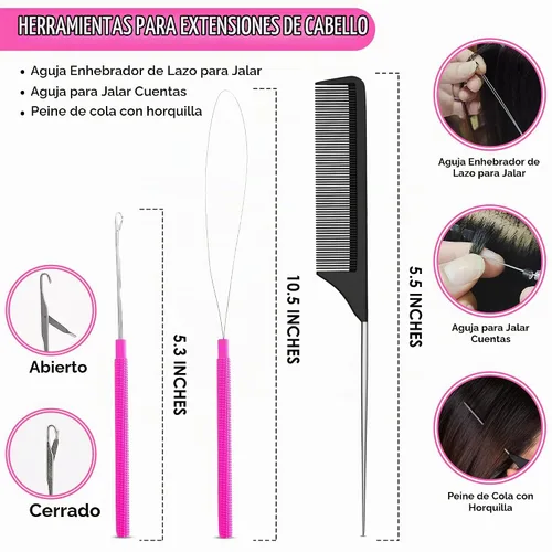 Vista 5 de Beauty & Crafts Herramientas de extensión de cabello, juego de alicates de acero inoxidable para microcuentas, 1 aguja de ganchillo, 1 gancho