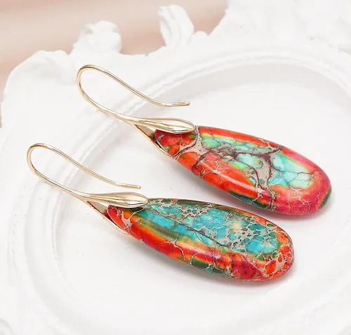 Vista 5 de Pendientes de piedra natural, aretes colgantes de piedra de gota de agua para mujer