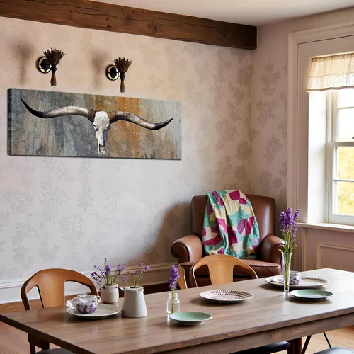 Vista 4 de Biuteawal Lienzo vintage de cráneo de toro, arte de pared con cabeza de cuerno largo, cráneo, pintura de bisonte, vaca, vida silvestre, obra de arte